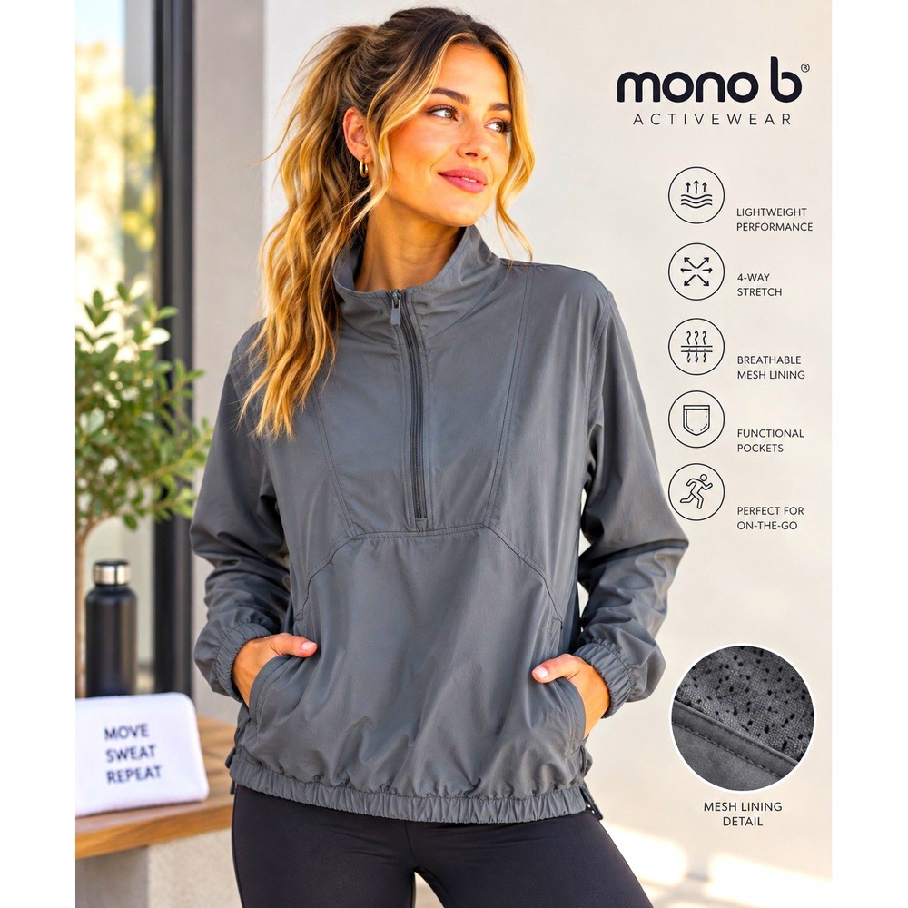 Mono B Womens Gray 1/2 Zip Nylon Windbreaker Jacket M Mesh Lined MJA0811